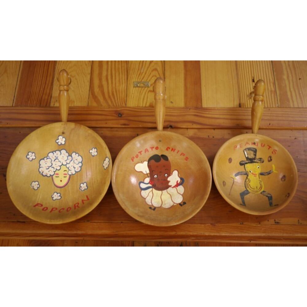 Set 3 Vintage Mid Century Nasco Popcorn Peanuts Potato Chips Wood Snack Bowls